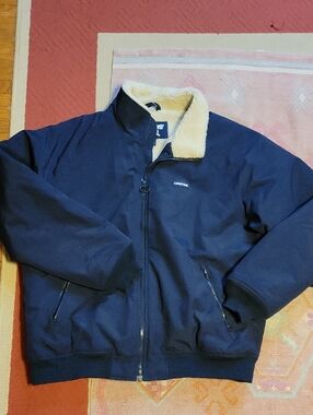 Lands' End Navy Bomber Jacket with Cream Sherpa Lining